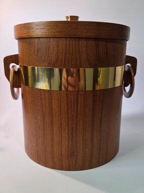 MCM vintage teak ice bucket gold trim